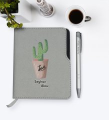 Kişiye Özel Kaktüs Tasarımlı Gri Termo Deri Defter Kalem Seti-5