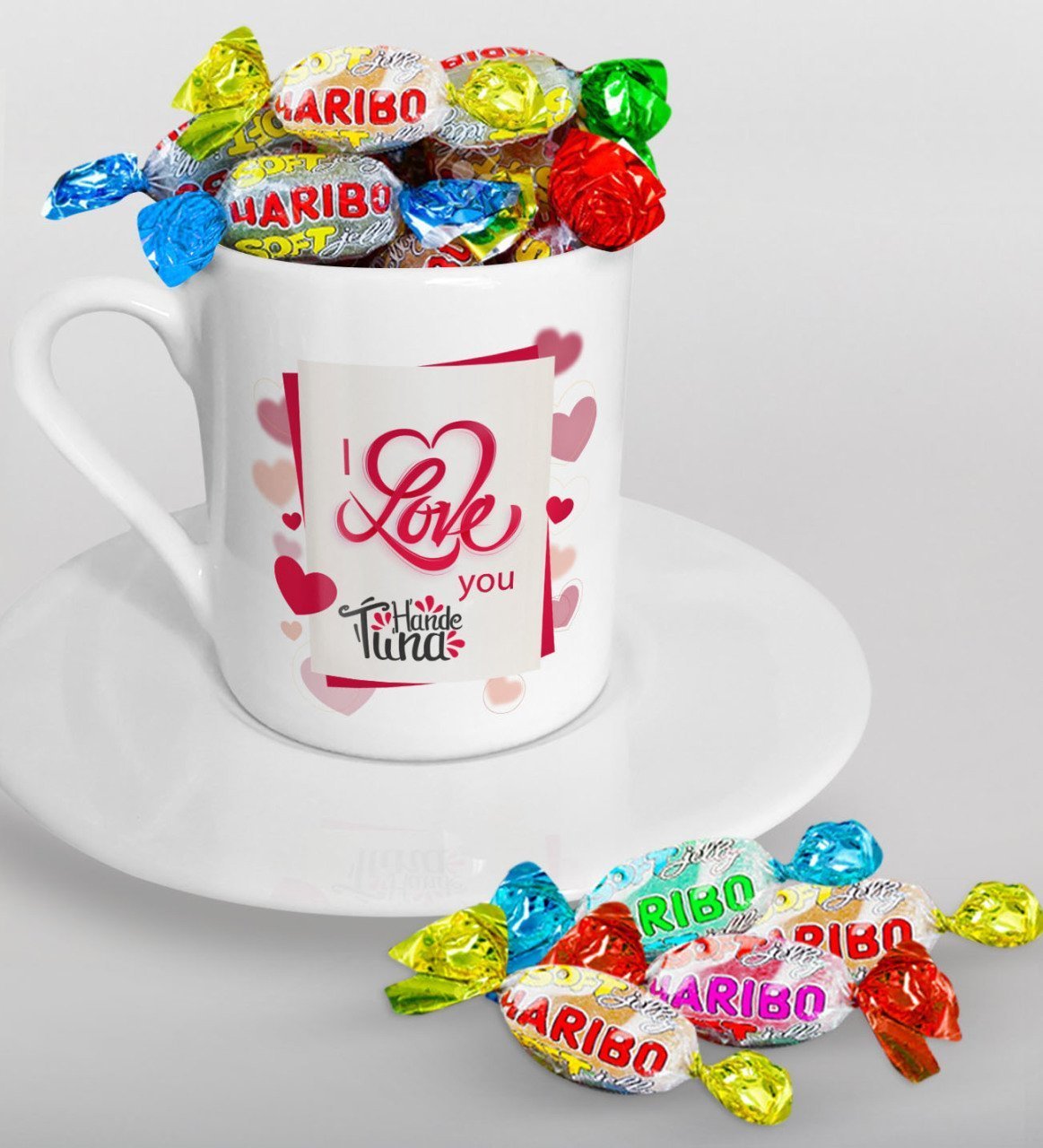 Kişiye Özel Sevgililer Günü Türk Kahvesi Fincanı ve Haribo Şeker Hediye Seti-133