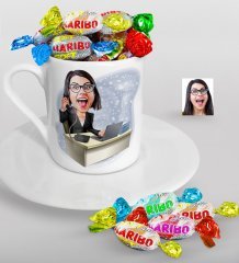 Kişiye Özel Bayan Asistan Karikatürlü Türk Kahvesi Fincanı ve Haribo Şeker Hediye Seti-1
