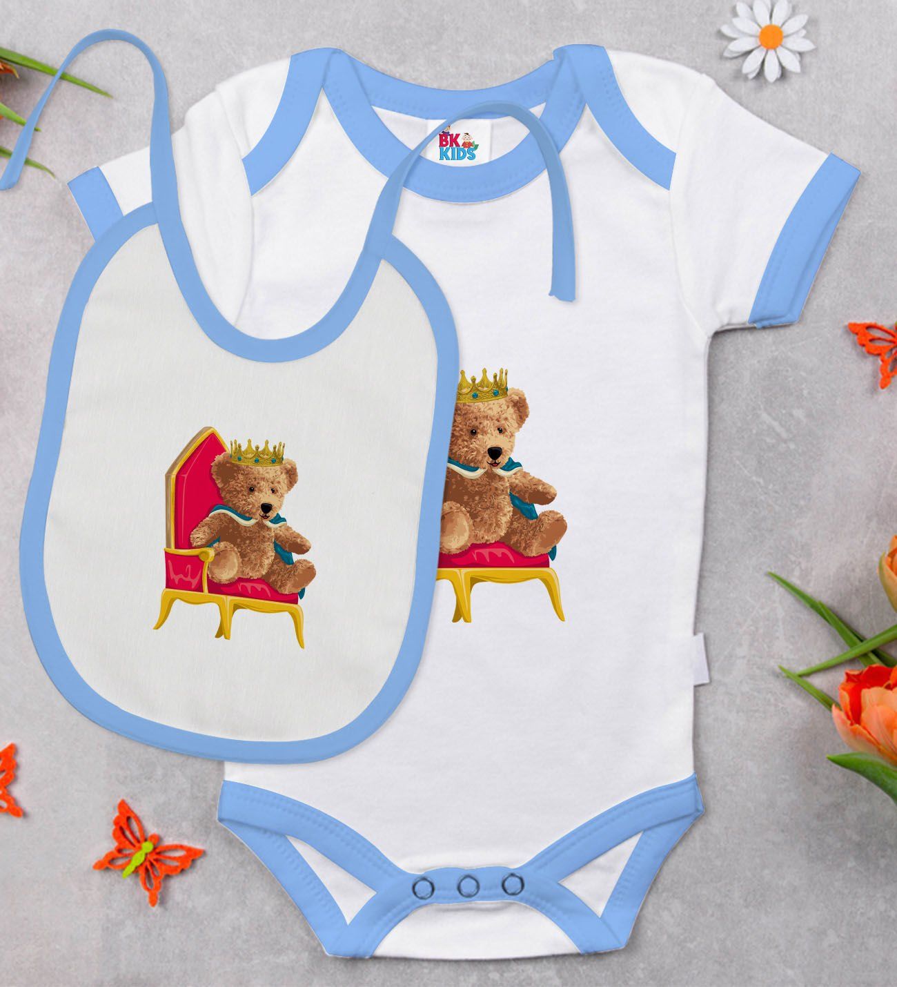 BK Kids Kral Tasarımlı Mavi Bebek Body Zıbın ve Mama Önlüğü Hediye Seti-1