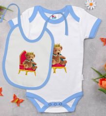 BK Kids Kral Tasarımlı Mavi Bebek Body Zıbın ve Mama Önlüğü Hediye Seti-1