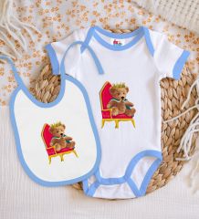 BK Kids Kral Tasarımlı Mavi Bebek Body Zıbın ve Mama Önlüğü Hediye Seti-1