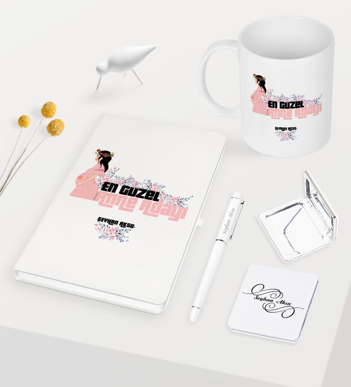Kişiye Özel En Güzel Anne Adayı Beyaz Defter Kalem Kupa Ayna Seti - 2
