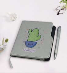 Kişiye Özel Kaktüs Tasarımlı Gri Termo Deri Defter Kalem Seti-4