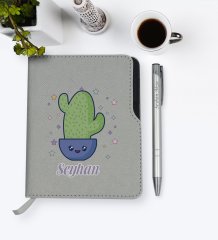 Kişiye Özel Kaktüs Tasarımlı Gri Termo Deri Defter Kalem Seti-4