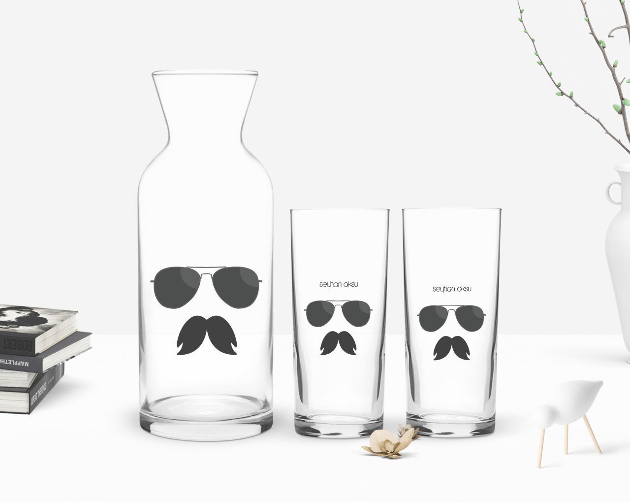 Kişiye Özel Renkli Baskılı İsimli İkili Rakı Bardağı ve Karaf Hediye Seti-131