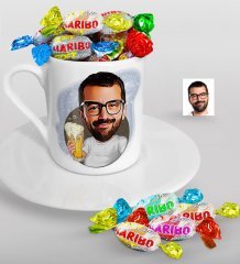Kişiye Özel Bay Karikatürlü Türk Kahvesi Fincanı ve Haribo Şeker Hediye Seti-5