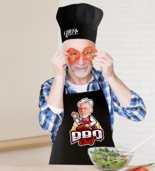 Kişiye Özel Bay Barbekü Chef Karikatürlü Siyah Mutfak Önlüğü Aşçı Şapkası Seti