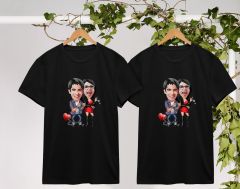 BK Gift Kişiye Özel Sevgililer Karikatürlü İkili Siyah T-shirt Seti, Sevgililer Hediye, Çift Hediyesi, Yıl Dönümü Hediyesi, Kişiye Özel Tişört-6