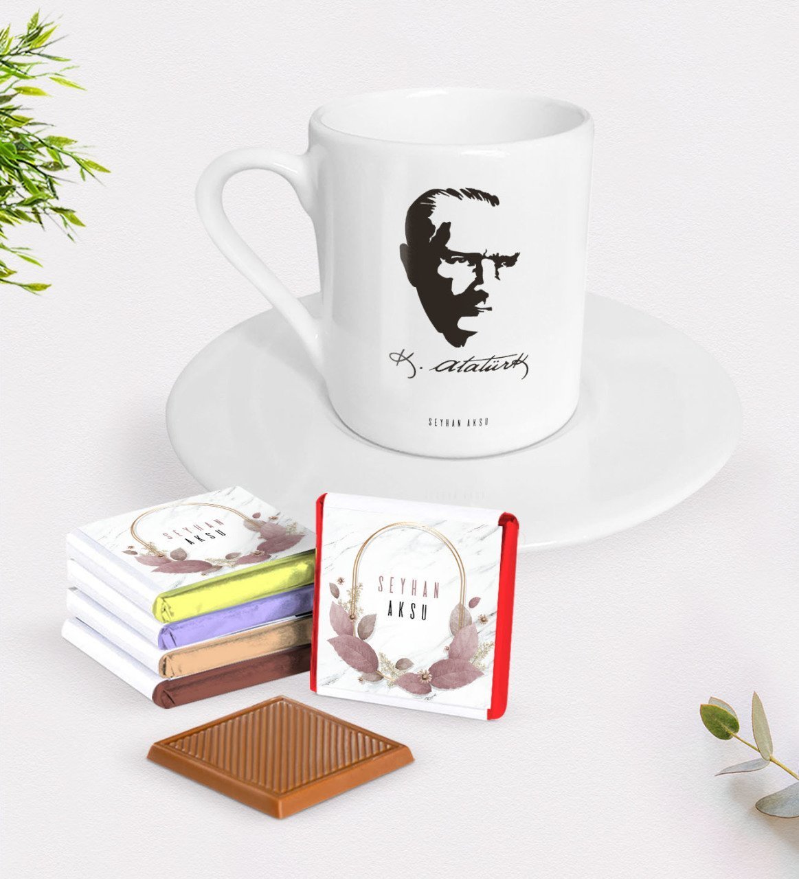 Kişiye Özel Atatürk Temalı Türk Kahvesi Fincanı ve Çikolata Hediye Seti-23