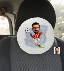 Kişiye Özel Erkek Sarı Kırmızı Futbolcu Karikatürlü Yuvarlak Araç Koltuk Yastığı-1