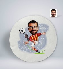 Kişiye Özel Erkek Sarı Kırmızı Futbolcu Karikatürlü Yuvarlak Araç Koltuk Yastığı-1