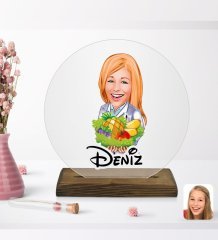 Kişiye Özel Kadın Diyetisyen Karikatürlü Yuvarlak Ahşap Standlı Biblo-1