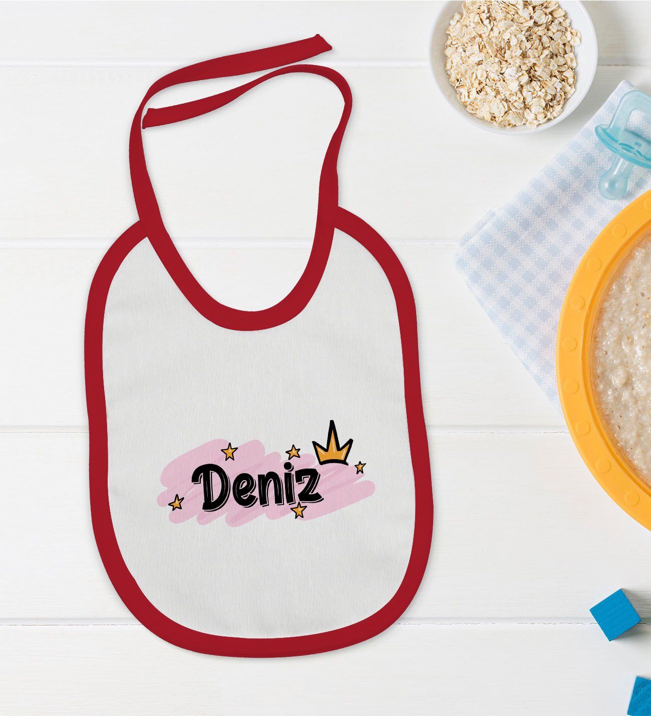 BK Kids Kişiye Özel İsimli Kırmızı Bebek Mama Önlüğü-33