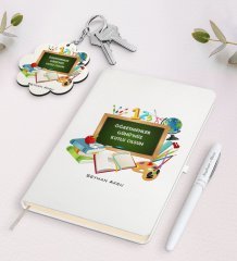 Kişiye Özel Öğretmenler Gününüz Kutlu Olsun Beyaz Defter Kalem ve Anahtarlık Hediye Seti-7