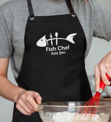 BK Gift Kişiye Özel Balık Şef Siyah Profosyonel Önlük - 1, Aşçı Önlüğü, Şef Önlüğü, Babaya Hediye