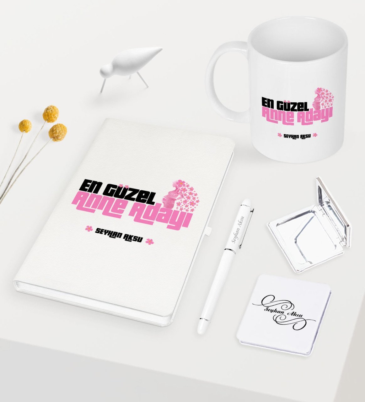 Kişiye Özel En Güzel Anne Adayı Beyaz Defter Kalem Kupa Ayna Seti - 1