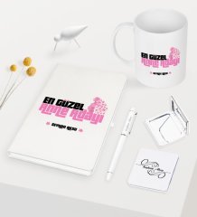 Kişiye Özel En Güzel Anne Adayı Beyaz Defter Kalem Kupa Ayna Seti - 1