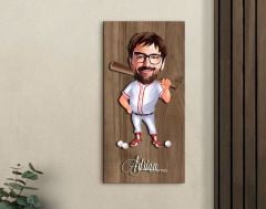 BK Gift Kişiye Özel Beyzbol Karikatürlü Kabartma Figürlü Ahşap Tablo-16, Arkadaşa Hediye, Sevgiliye Hediye, Duvar Dekoru