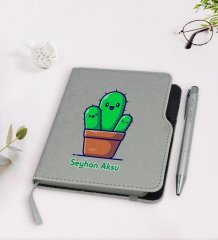 Kişiye Özel Kaktüs Tasarımlı Gri Termo Deri Defter Kalem Seti-3