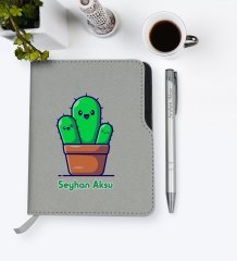 Kişiye Özel Kaktüs Tasarımlı Gri Termo Deri Defter Kalem Seti-3