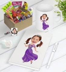 Kişiye Özel Kız Çocuk Prenses Karikatürlü Nostaljik Lezzetler Defter Kalem Kupa Hediye Seti-3