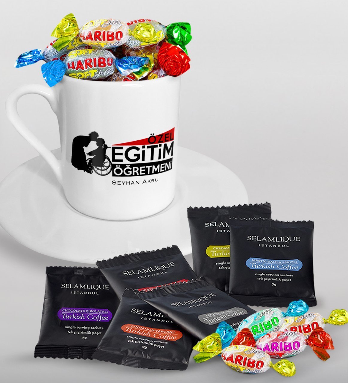 Kişiye Özel Özel Eğitim Öğretmeni Türk Kahvesi Fincanı Selamlique Karışık Türk Kahvesi ve Haribo Şeker Hediye Seti-1