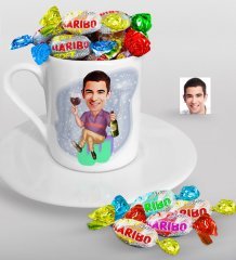 Kişiye Özel Bay Karikatürlü Türk Kahvesi Fincanı ve Haribo Şeker Hediye Seti-2
