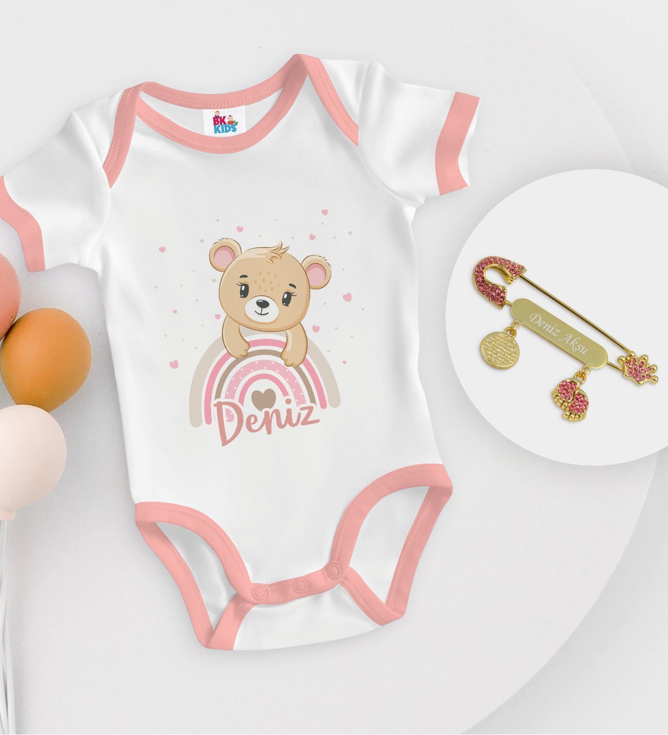 BK Kids Kişiye Özel İsimli Pembe Bebek Body Zıbın ve Kız Bebek İğnesi Hediye Seti-6