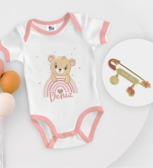 BK Kids Kişiye Özel İsimli Pembe Bebek Body Zıbın ve Kız Bebek İğnesi Hediye Seti-6
