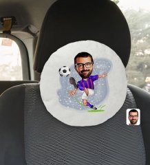 Kişiye Özel Erkek Bordo Mavi Futbolcu Karikatürlü Yuvarlak Araç Koltuk Yastığı-1