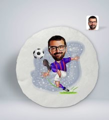 Kişiye Özel Erkek Bordo Mavi Futbolcu Karikatürlü Yuvarlak Araç Koltuk Yastığı-1
