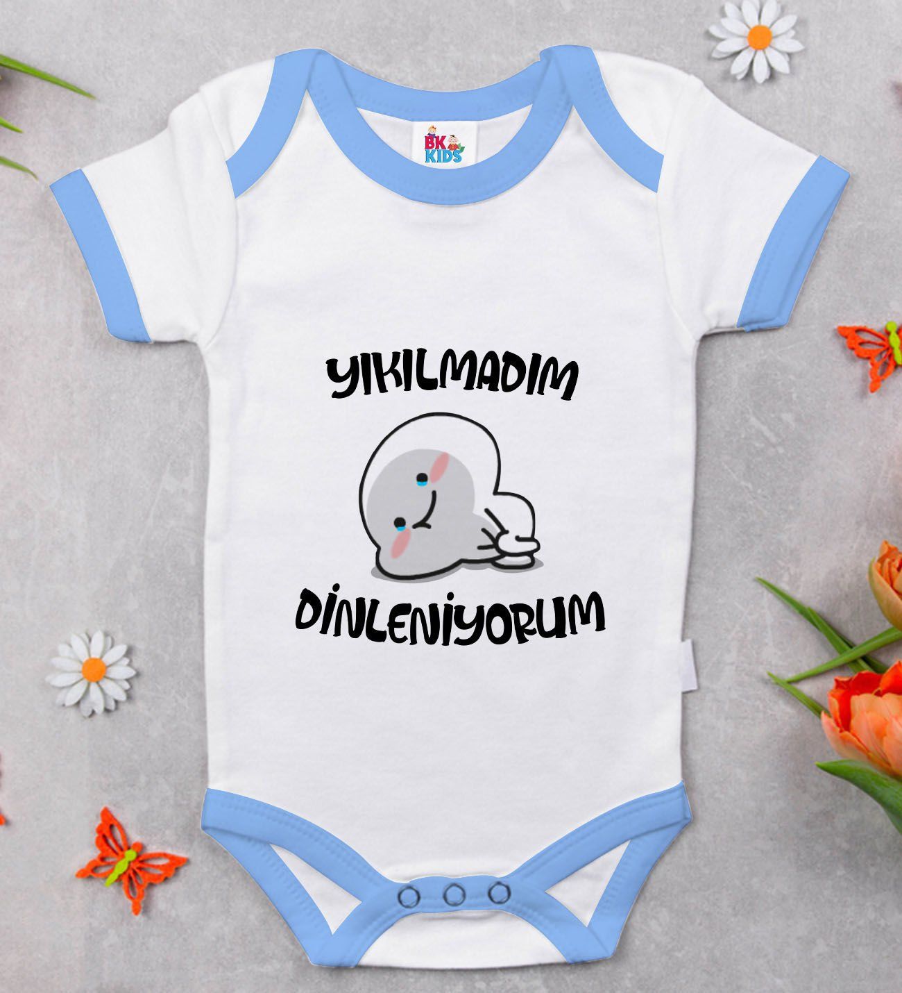 BK Kids Yıkılmadım Dinleniyorum Tasarımlı Mavi Bebek Body Zıbın-1