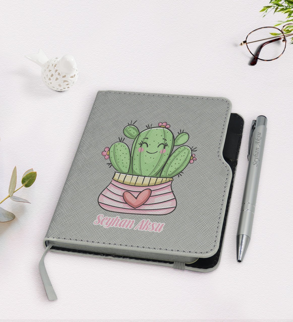 Kişiye Özel Kaktüs Tasarımlı Gri Termo Deri Defter Kalem Seti-2