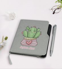 Kişiye Özel Kaktüs Tasarımlı Gri Termo Deri Defter Kalem Seti-2