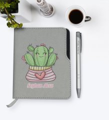 Kişiye Özel Kaktüs Tasarımlı Gri Termo Deri Defter Kalem Seti-2