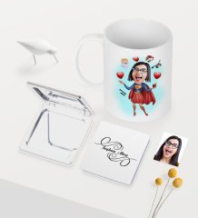 Kişiye Özel Süper Anne Karikatürlü Beyaz Kupa Ayna Seti