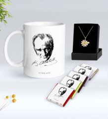 Kişiye Özel Atatürk Temalı Beyaz Kupa Çikolata ve İsimli Papatya Kolye Hediye Seti-18