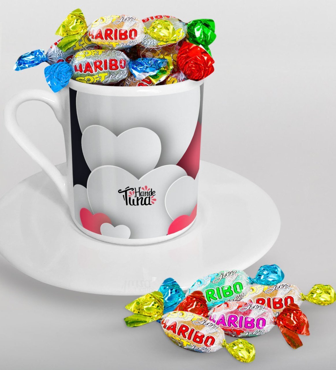 Kişiye Özel Sevgililer Günü Türk Kahvesi Fincanı ve Haribo Şeker Hediye Seti-130