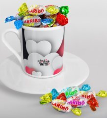Kişiye Özel Sevgililer Günü Türk Kahvesi Fincanı ve Haribo Şeker Hediye Seti-130