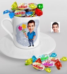 Kişiye Özel Bay Karikatürlü Türk Kahvesi Fincanı ve Haribo Şeker Hediye Seti-1
