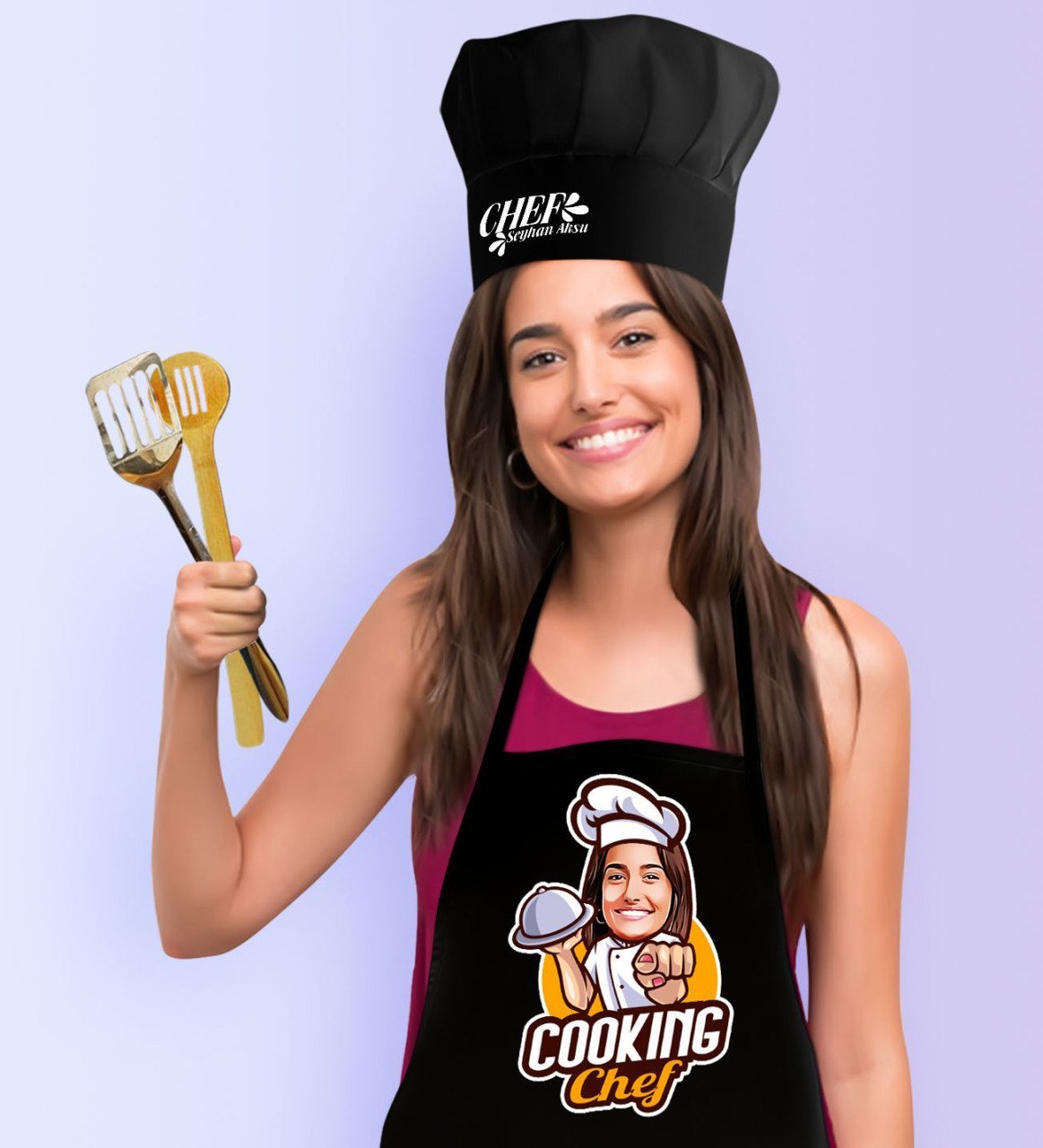Kişiye Özel Bayan Chef Karikatürlü Siyah Mutfak Önlüğü Aşçı Şapkası Seti-15