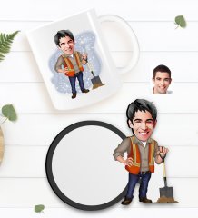 Kişiye Özel Erkek Karikatürlü Beyaz Kupa ve Ahşap Bardak Altlığı Hediye Seti-80