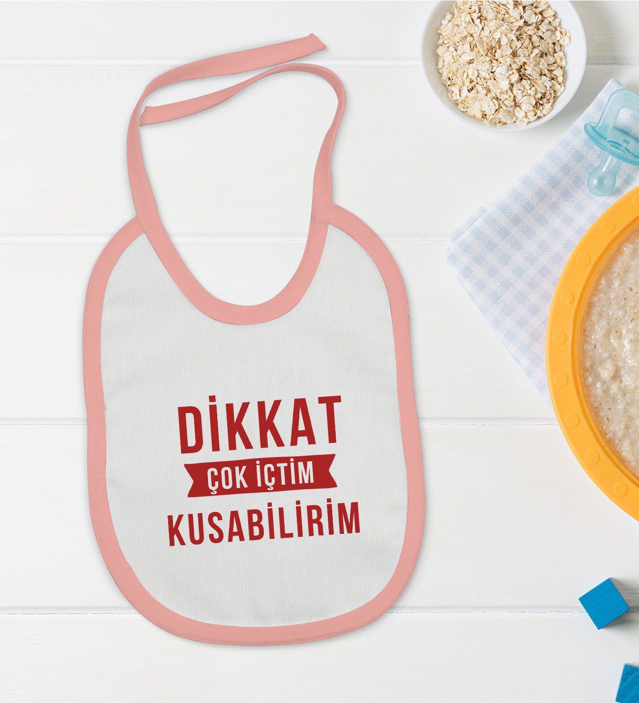 BK Kids Dikkat Çok İçtim Tasarımlı Pembe Bebek Mama Önlüğü-1