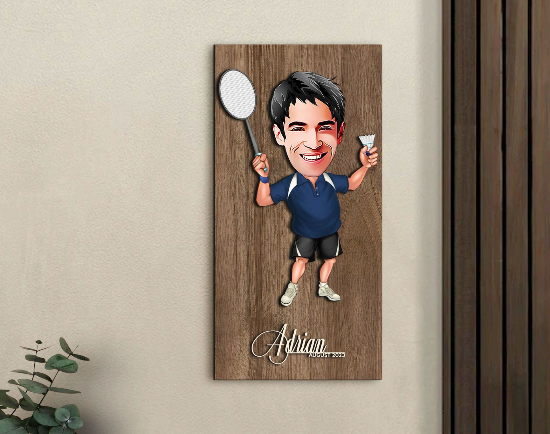 BK Gift Kişiye Özel Badminton Karikatürlü Kabartma Figürlü Ahşap Tablo-1, Arkadaşa Hediye, Sevgiliye Hediye, Duvar Dekoru