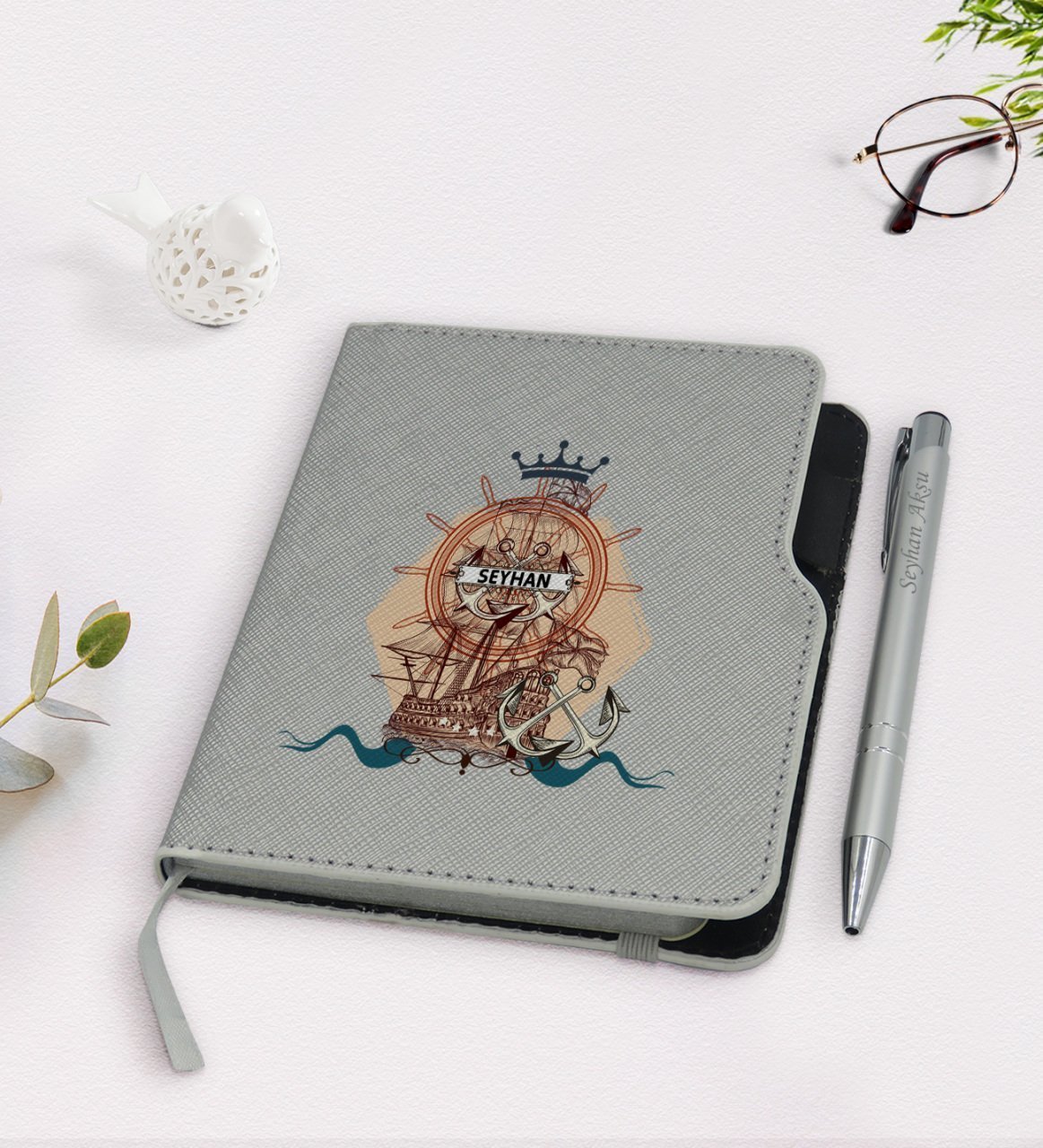 Kişiye Özel Gemi Tasarımlı Gri Termo Deri Defter Kalem Seti-4