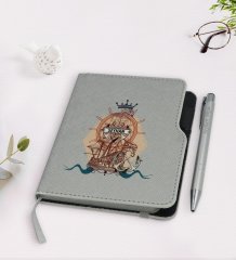 Kişiye Özel Gemi Tasarımlı Gri Termo Deri Defter Kalem Seti-4