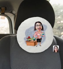 Kişiye Özel Kadın Öğretmen Karikatürlü Yuvarlak Araç Koltuk Yastığı-5