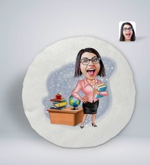 Kişiye Özel Kadın Öğretmen Karikatürlü Yuvarlak Araç Koltuk Yastığı-5