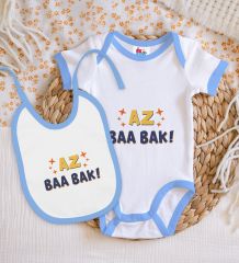 BK Kids Az Baa Bak Tasarımlı Mavi Bebek Body Zıbın ve Mama Önlüğü Hediye Seti-1